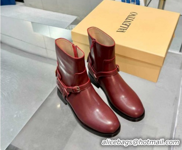 Luxury Valentino VLogo Signature Strap Flat Ankle Boots in Calfskin Leather Dark Burgundy 1104086