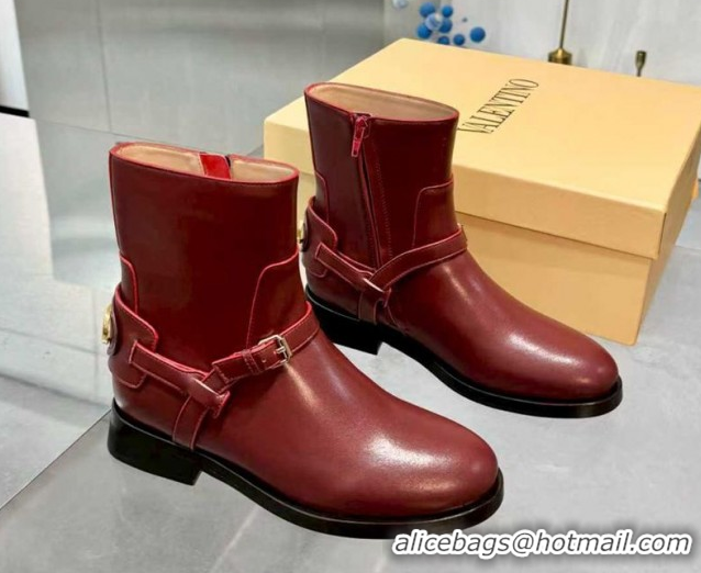Luxury Valentino VLogo Signature Strap Flat Ankle Boots in Calfskin Leather Dark Burgundy 1104086