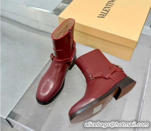 Luxury Valentino VLogo Signature Strap Flat Ankle Boots in Calfskin Leather Dark Burgundy 1104086