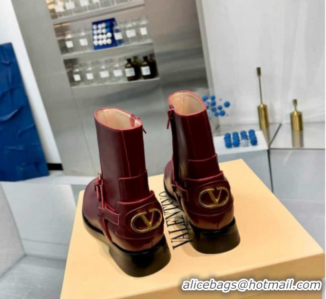 Luxury Valentino VLogo Signature Strap Flat Ankle Boots in Calfskin Leather Dark Burgundy 1104086