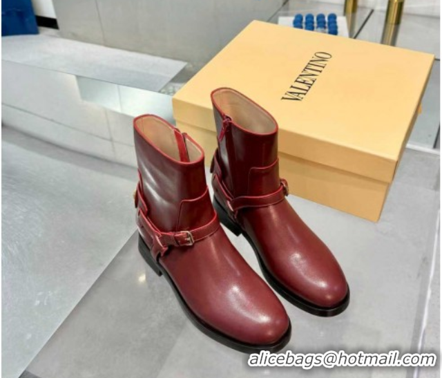 Luxury Valentino VLogo Signature Strap Flat Ankle Boots in Calfskin Leather Dark Burgundy 1104086