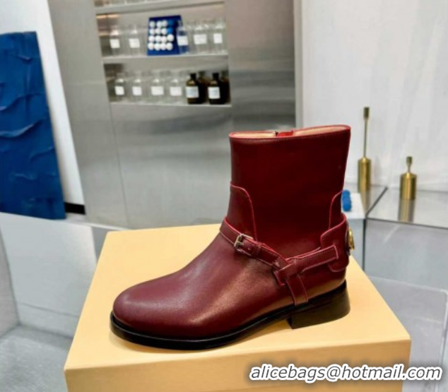 Luxury Valentino VLogo Signature Strap Flat Ankle Boots in Calfskin Leather Dark Burgundy 1104086