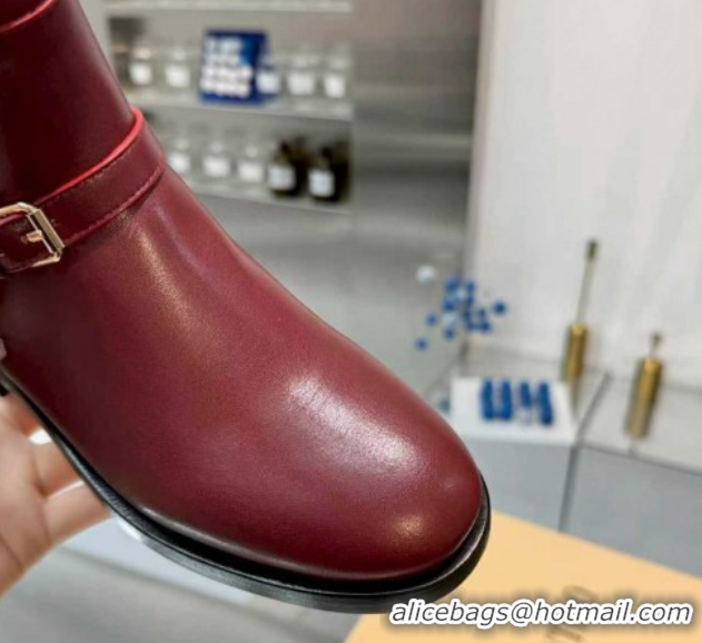 Luxury Valentino VLogo Signature Strap Flat Ankle Boots in Calfskin Leather Dark Burgundy 1104086
