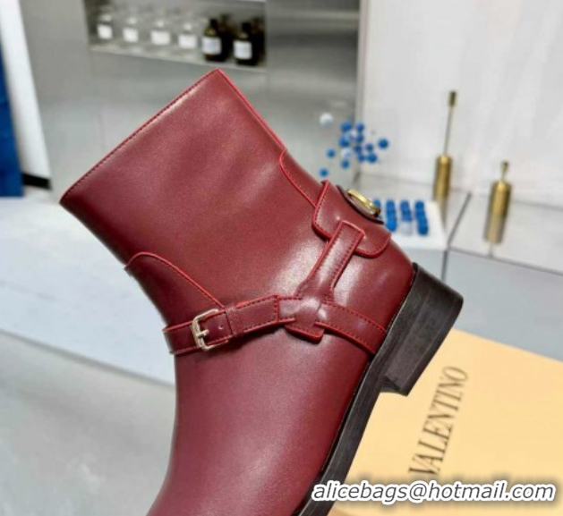 Luxury Valentino VLogo Signature Strap Flat Ankle Boots in Calfskin Leather Dark Burgundy 1104086