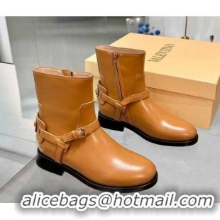 Stylish Valentino VLogo Signature Strap Flat Ankle Boots in Calfskin Leather Dark Beige 1104087