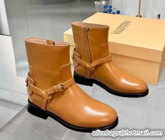 Stylish Valentino VLogo Signature Strap Flat Ankle Boots in Calfskin Leather Dark Beige 1104087
