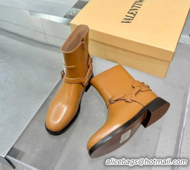 Stylish Valentino VLogo Signature Strap Flat Ankle Boots in Calfskin Leather Dark Beige 1104087