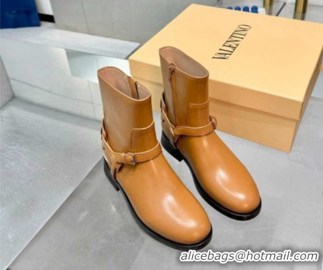 Stylish Valentino VLogo Signature Strap Flat Ankle Boots in Calfskin Leather Dark Beige 1104087
