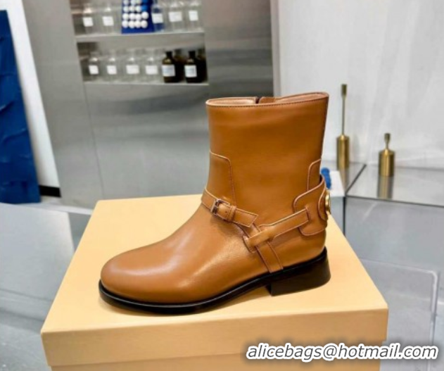 Stylish Valentino VLogo Signature Strap Flat Ankle Boots in Calfskin Leather Dark Beige 1104087
