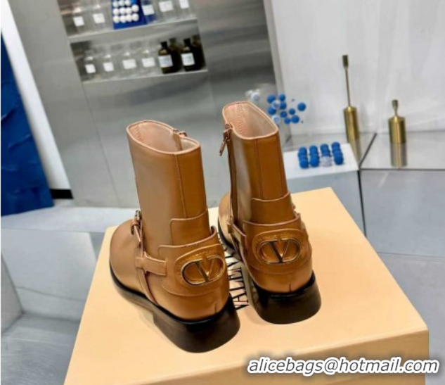 Stylish Valentino VLogo Signature Strap Flat Ankle Boots in Calfskin Leather Dark Beige 1104087