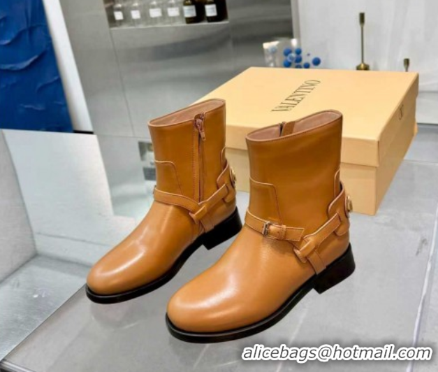Stylish Valentino VLogo Signature Strap Flat Ankle Boots in Calfskin Leather Dark Beige 1104087