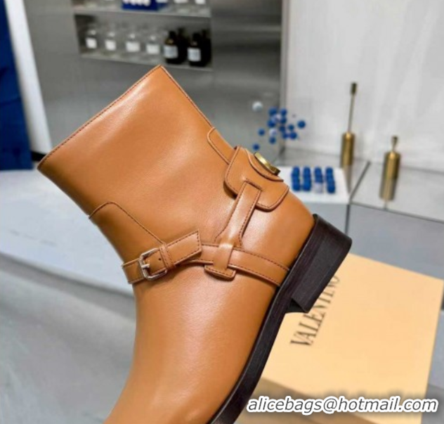 Stylish Valentino VLogo Signature Strap Flat Ankle Boots in Calfskin Leather Dark Beige 1104087