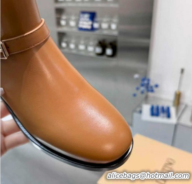Stylish Valentino VLogo Signature Strap Flat Ankle Boots in Calfskin Leather Dark Beige 1104087