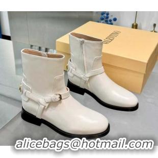 Hot Style Valentino VLogo Signature Strap Flat Ankle Boots in Calfskin Leather White 1104088