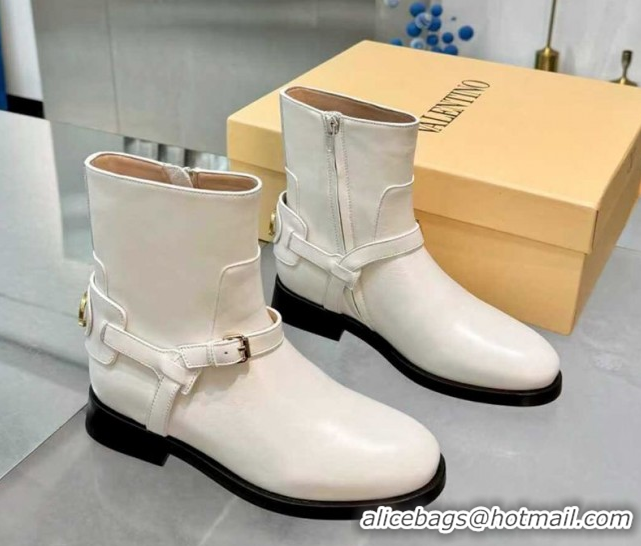 Hot Style Valentino VLogo Signature Strap Flat Ankle Boots in Calfskin Leather White 1104088