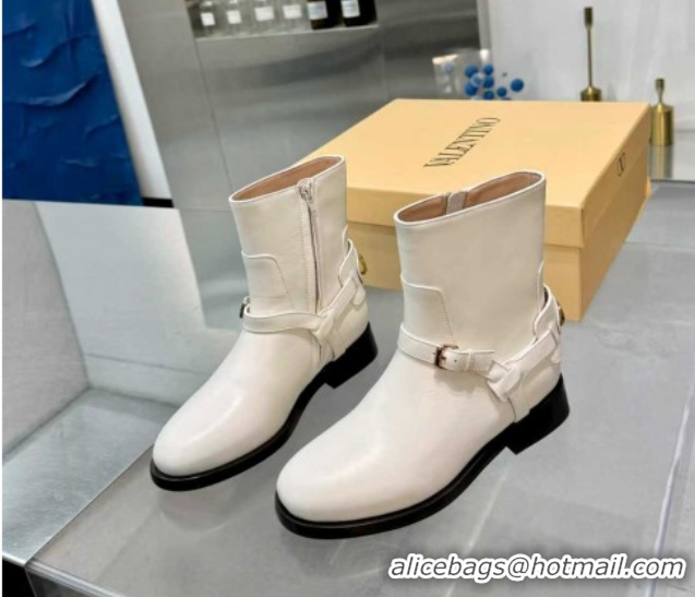 Hot Style Valentino VLogo Signature Strap Flat Ankle Boots in Calfskin Leather White 1104088