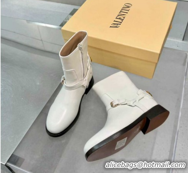 Hot Style Valentino VLogo Signature Strap Flat Ankle Boots in Calfskin Leather White 1104088