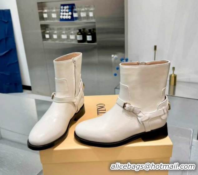 Hot Style Valentino VLogo Signature Strap Flat Ankle Boots in Calfskin Leather White 1104088