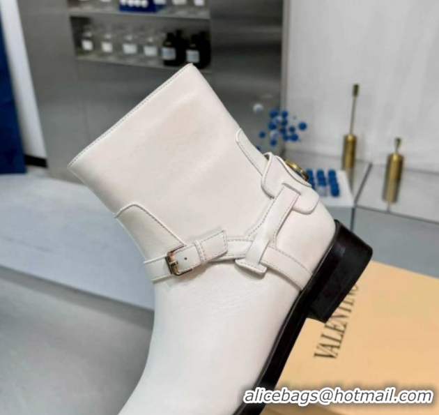 Hot Style Valentino VLogo Signature Strap Flat Ankle Boots in Calfskin Leather White 1104088