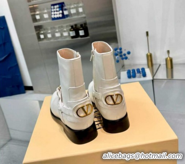 Hot Style Valentino VLogo Signature Strap Flat Ankle Boots in Calfskin Leather White 1104088