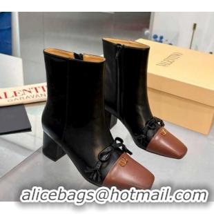 Durable Valentino VALET DU ROI Heel Ankle Boots 6.5cm in Goatskin Leather with Bow Black/Brown 1104089
