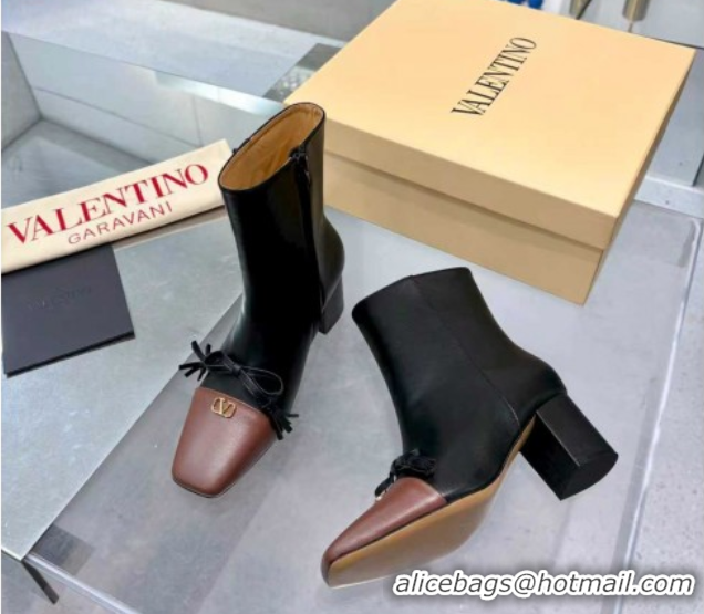 Durable Valentino VALET DU ROI Heel Ankle Boots 6.5cm in Goatskin Leather with Bow Black/Brown 1104089