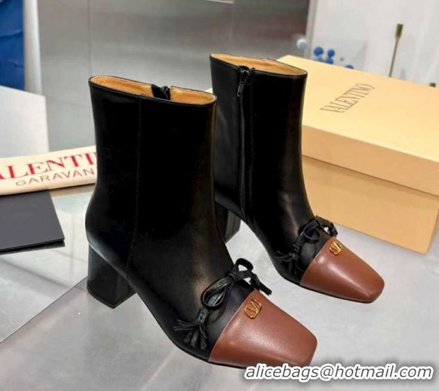 Durable Valentino VALET DU ROI Heel Ankle Boots 6.5cm in Goatskin Leather with Bow Black/Brown 1104089