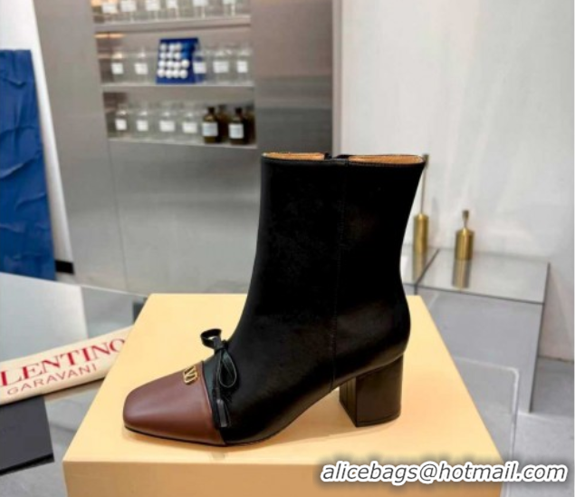 Durable Valentino VALET DU ROI Heel Ankle Boots 6.5cm in Goatskin Leather with Bow Black/Brown 1104089