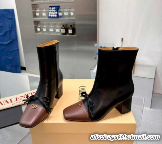 Durable Valentino VALET DU ROI Heel Ankle Boots 6.5cm in Goatskin Leather with Bow Black/Brown 1104089