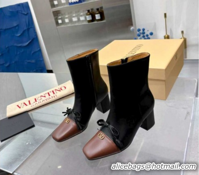 Durable Valentino VALET DU ROI Heel Ankle Boots 6.5cm in Goatskin Leather with Bow Black/Brown 1104089