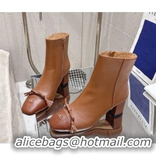Grade Quality Valentino VALET DU ROI Heel Ankle Boots 6.5cm in Goatskin Leather with Bow Brown 1028017