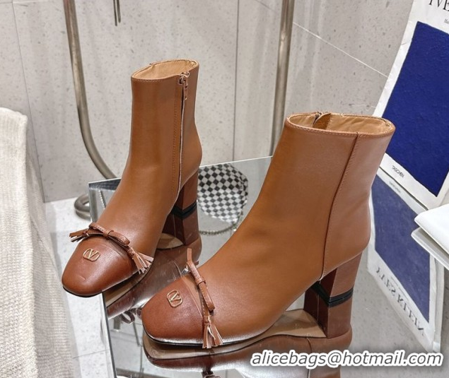 Grade Quality Valentino VALET DU ROI Heel Ankle Boots 6.5cm in Goatskin Leather with Bow Brown 1028017