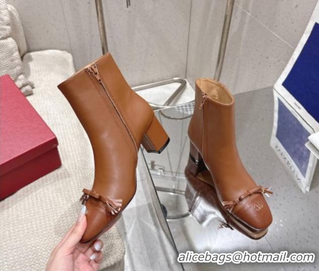 Grade Quality Valentino VALET DU ROI Heel Ankle Boots 6.5cm in Goatskin Leather with Bow Brown 1028017