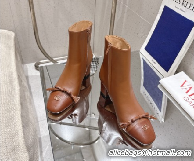 Grade Quality Valentino VALET DU ROI Heel Ankle Boots 6.5cm in Goatskin Leather with Bow Brown 1028017