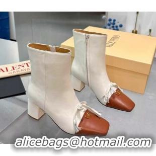 Best Grade Valentino VALET DU ROI Heel Ankle Boots 6.5cm in Goatskin Leather with Bow White/Brown 1104090