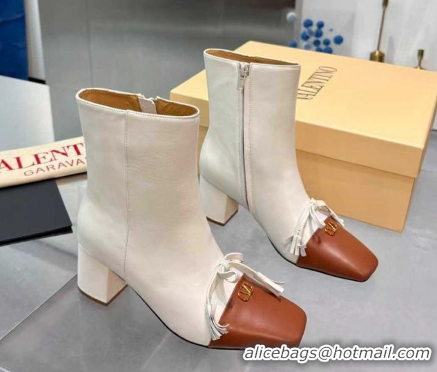 Best Grade Valentino VALET DU ROI Heel Ankle Boots 6.5cm in Goatskin Leather with Bow White/Brown 1104090