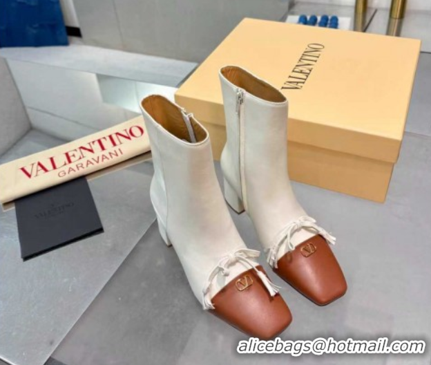 Best Grade Valentino VALET DU ROI Heel Ankle Boots 6.5cm in Goatskin Leather with Bow White/Brown 1104090