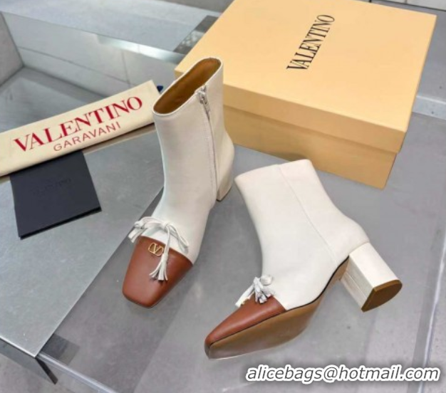 Best Grade Valentino VALET DU ROI Heel Ankle Boots 6.5cm in Goatskin Leather with Bow White/Brown 1104090