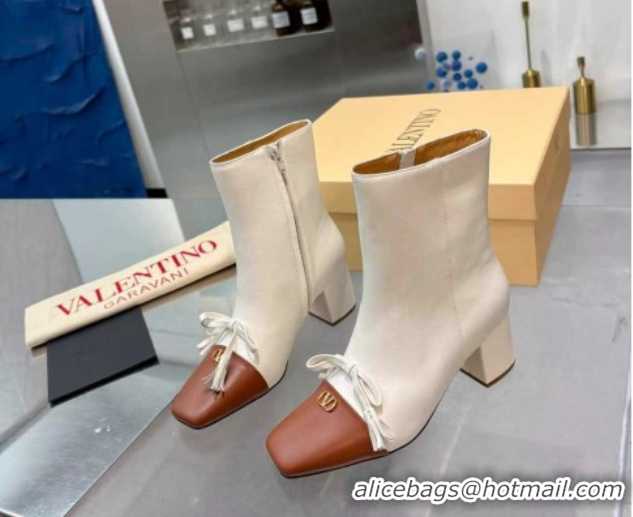 Best Grade Valentino VALET DU ROI Heel Ankle Boots 6.5cm in Goatskin Leather with Bow White/Brown 1104090