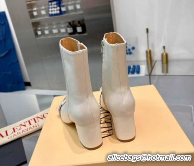 Best Grade Valentino VALET DU ROI Heel Ankle Boots 6.5cm in Goatskin Leather with Bow White/Brown 1104090