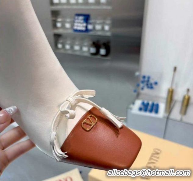 Best Grade Valentino VALET DU ROI Heel Ankle Boots 6.5cm in Goatskin Leather with Bow White/Brown 1104090