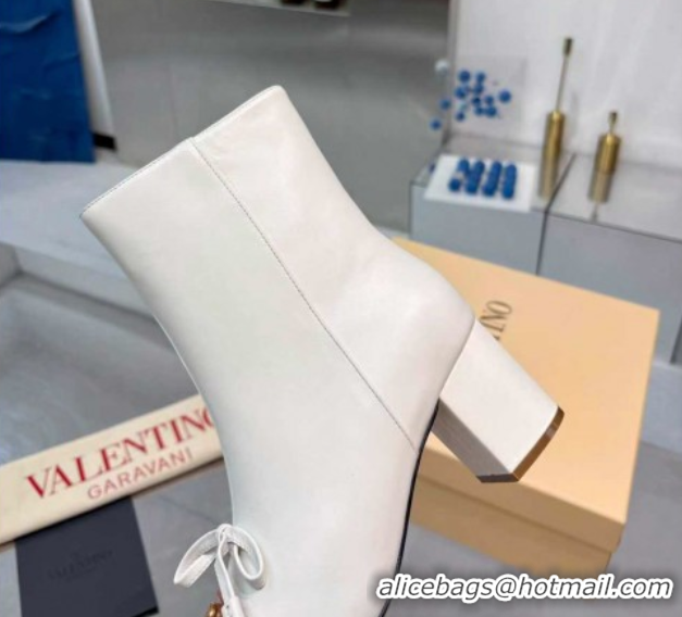 Best Grade Valentino VALET DU ROI Heel Ankle Boots 6.5cm in Goatskin Leather with Bow White/Brown 1104090