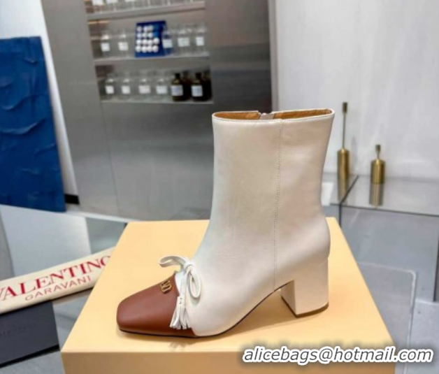 Best Grade Valentino VALET DU ROI Heel Ankle Boots 6.5cm in Goatskin Leather with Bow White/Brown 1104090