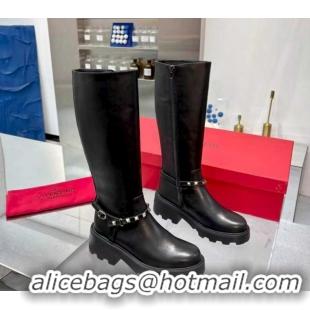 Top Grade Valentino Rockstud Strap Heel High Boots in Calfskin Leather Black 1104091