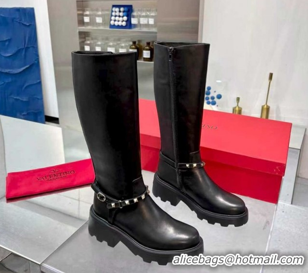 Top Grade Valentino Rockstud Strap Heel High Boots in Calfskin Leather Black 1104091