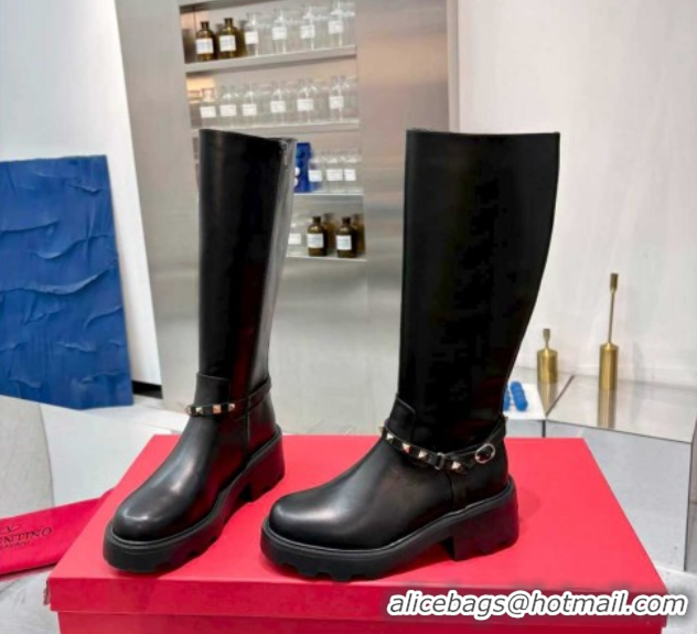 Top Grade Valentino Rockstud Strap Heel High Boots in Calfskin Leather Black 1104091