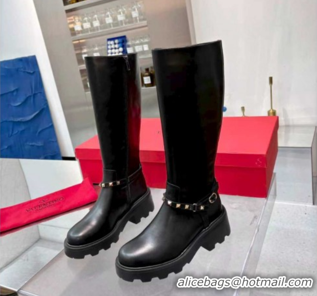 Top Grade Valentino Rockstud Strap Heel High Boots in Calfskin Leather Black 1104091