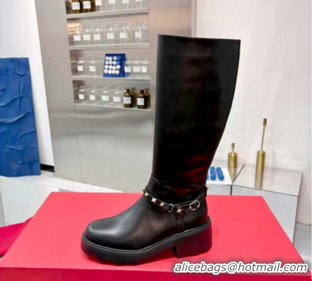 Top Grade Valentino Rockstud Strap Heel High Boots in Calfskin Leather Black 1104091