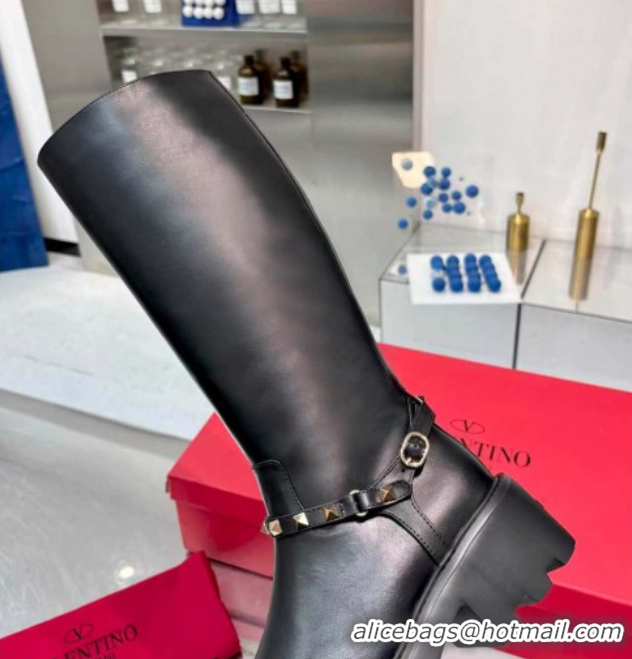 Top Grade Valentino Rockstud Strap Heel High Boots in Calfskin Leather Black 1104091