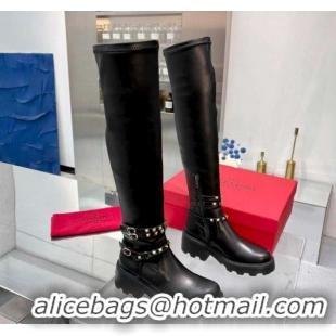 Popular Style Valentino Rockstud Strap Thigh High Boots in Calfskin Leather Black 1104092